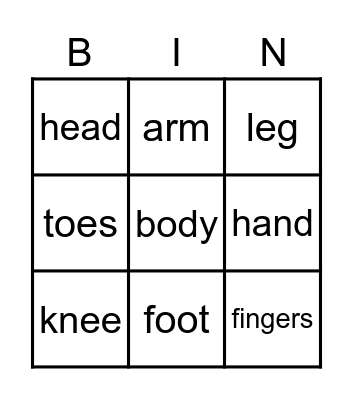 My body Bingo Card