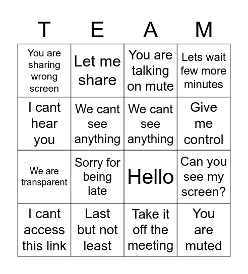 TEAMS meeting Bingo Card