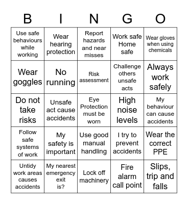 Health and Safety Bingo Card