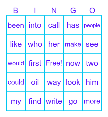 Fain's Friends' Wonderful Words Bingo Card
