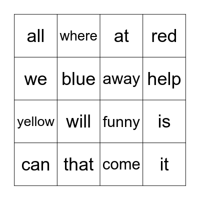 Sight Word Bingo Card