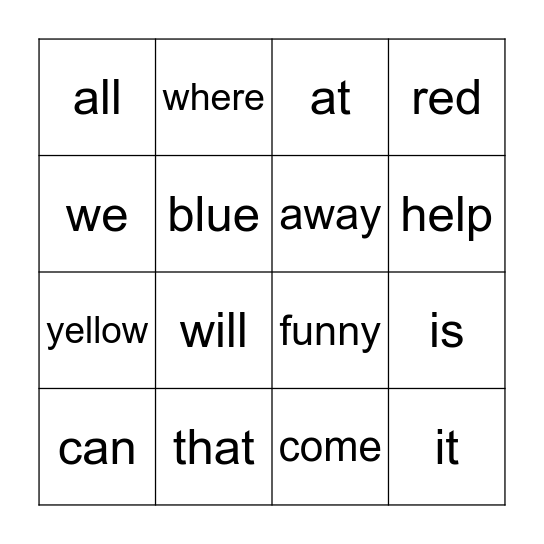 Sight Word Bingo Card