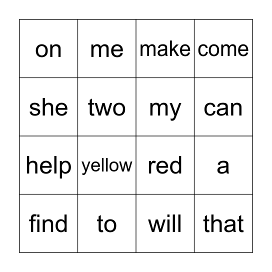 Sight Word Bingo Card