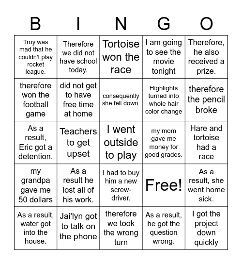 Cause and Effect Bingo Card