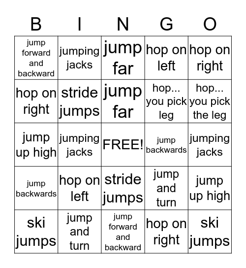 Jump/Hop It Bingo! Bingo Card