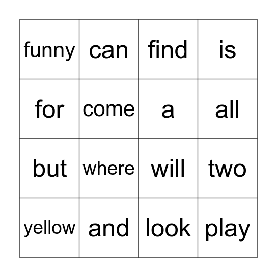 Sight Word Bingo Card