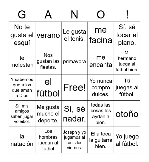 Spanish 1 Lección 18 Bingo Card