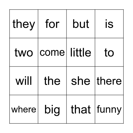 Sight Word Bingo Card