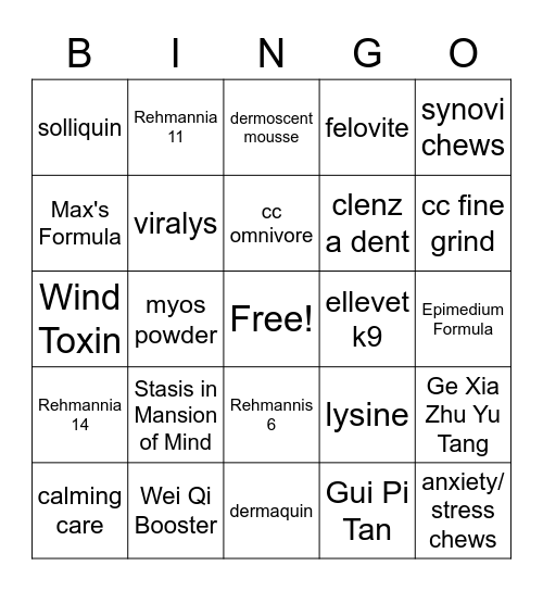 Chinese herbal Bingo Card