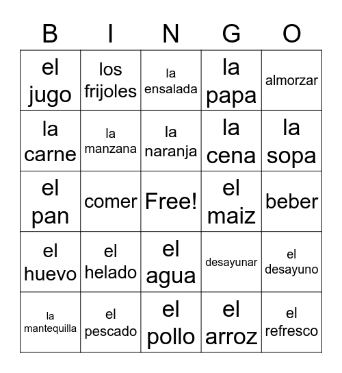 LA COMIDA ESPANOL 1 Bingo Card
