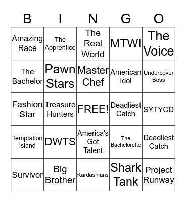 Reality TV Shows Bingo Card