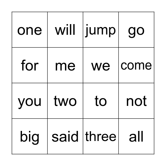 Sight Word Bingo Card