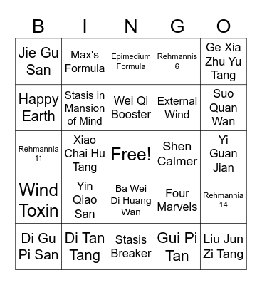 Chinese Herbal Bingo Card