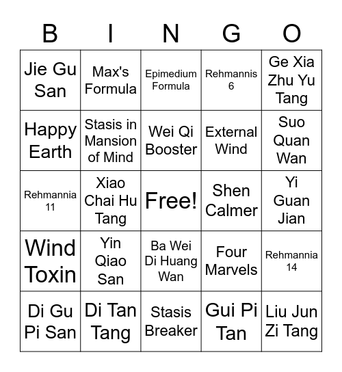 Chinese Herbal Bingo Card