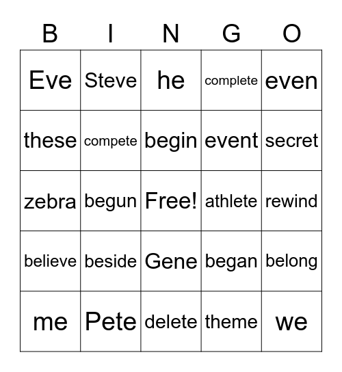 Long E Vowel Sounds Bingo Card