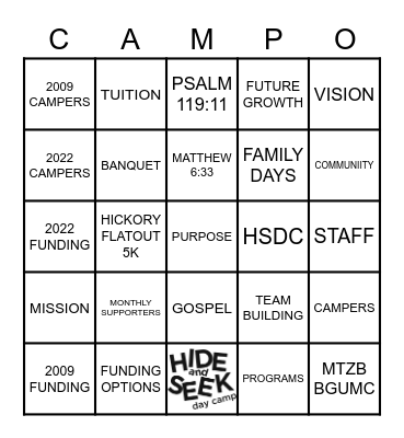 Hide and Seek Day Camp Update Bingo Card