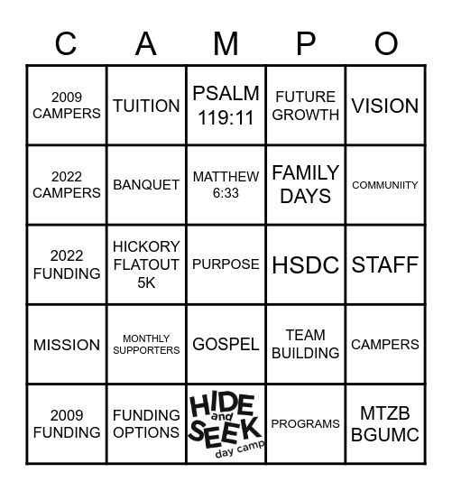 Hide and Seek Day Camp Update Bingo Card