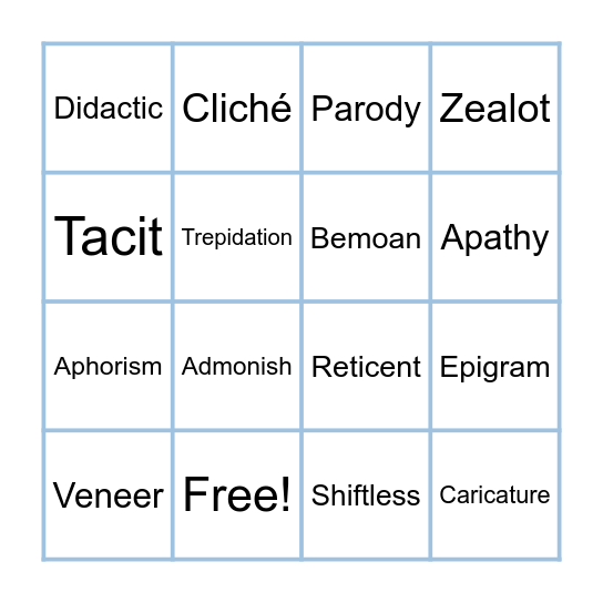 HonHum Vocab #16 Bingo Card