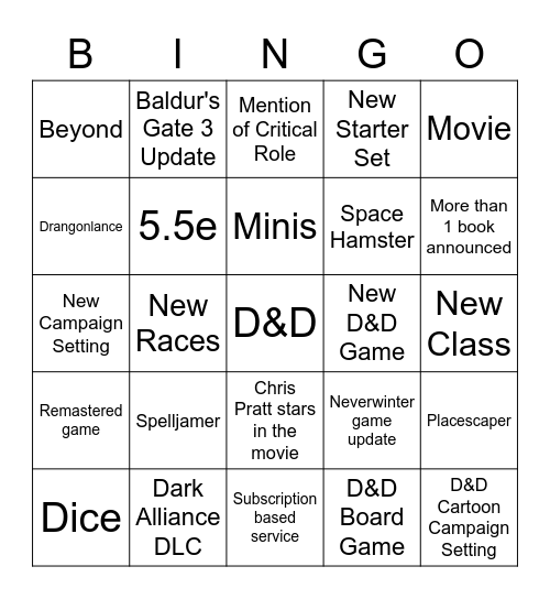D&D Direct Bingo Card