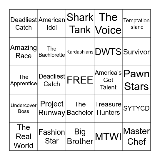 Reality TV Shows Bingo Card