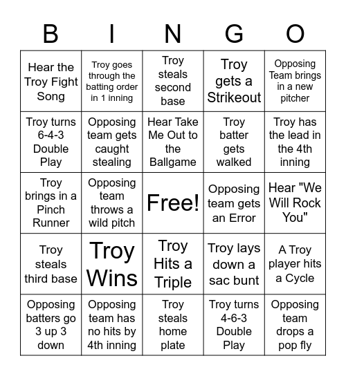 Troy Softball Bingo Card