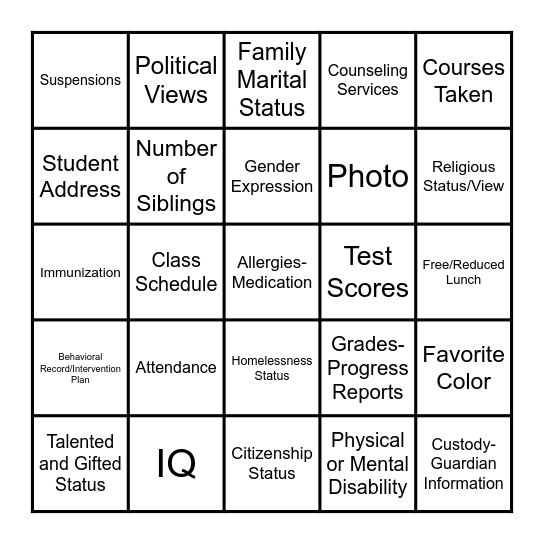 Family Educational Records Privacy Act (FERPA) Bingo Card