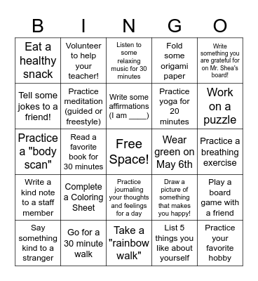 Mental Health and Wellness Bingo! Bingo Card
