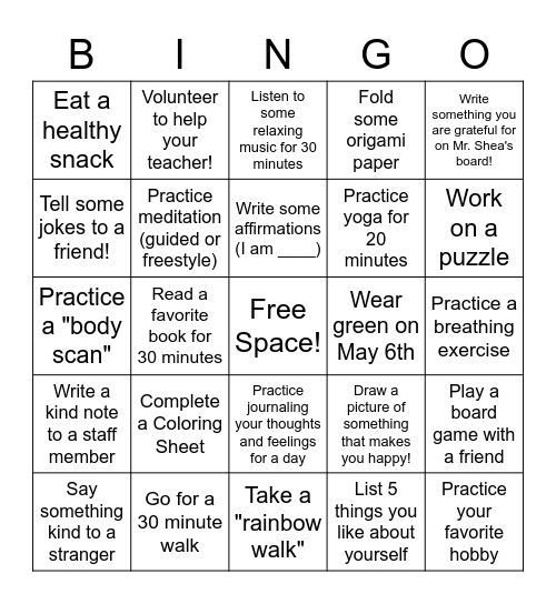 Mental Health and Wellness Bingo! Bingo Card