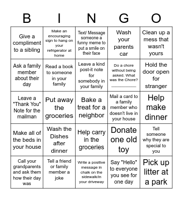 At-Home Kindness Challenge Bingo Card