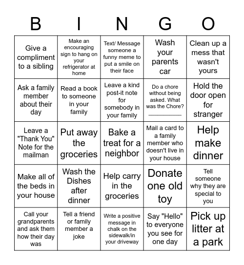 At-Home Kindness Challenge Bingo Card