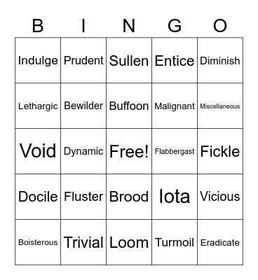 Vocabulary Year B Bingo Card