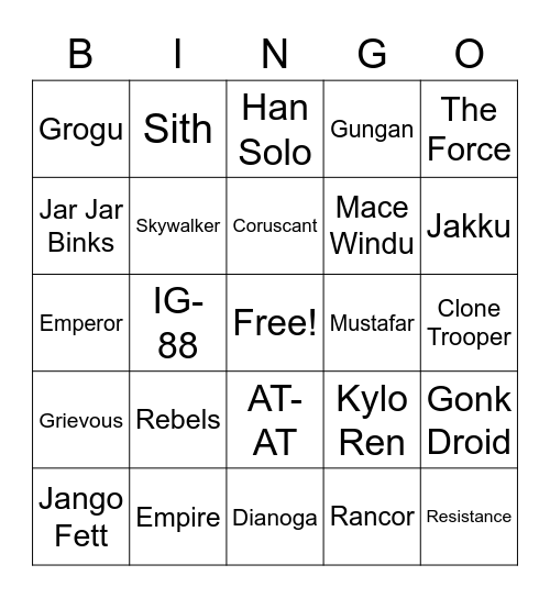 May the 4th Be With You Bingo Card