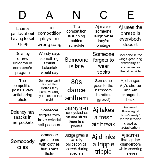 PDC Dance Competition Bingo Card