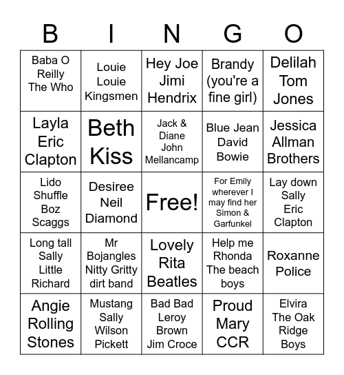 Songs about People Bingo Card