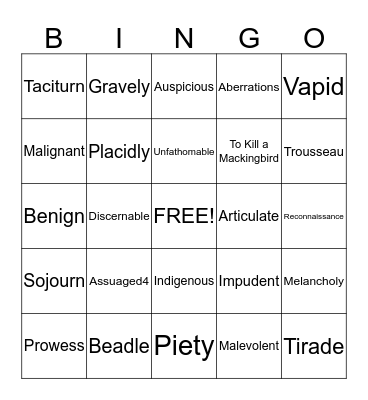 Vocabulary Bingo Card