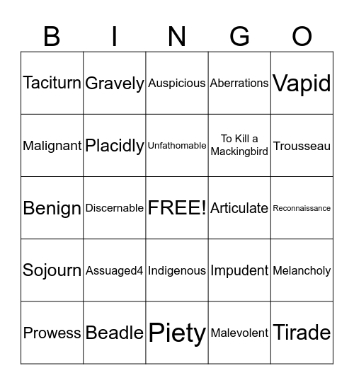 Vocabulary Bingo Card