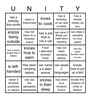 KINDRED FEST: FIND SOMEONE WHO... Bingo Card
