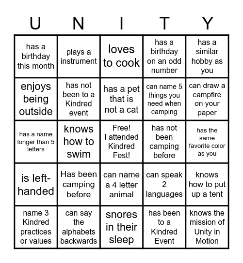 KINDRED FEST: FIND SOMEONE WHO... Bingo Card