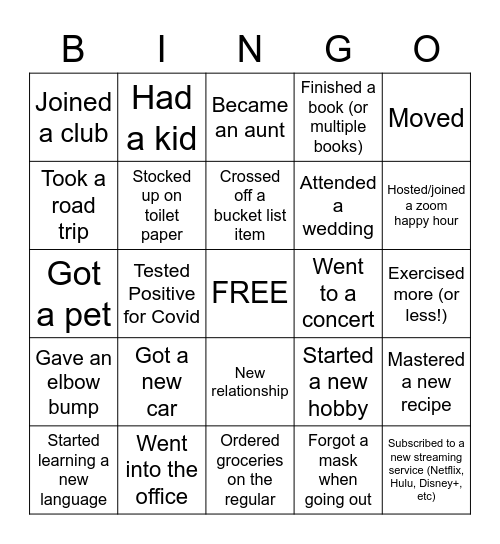 Welcome Back Bingo Card