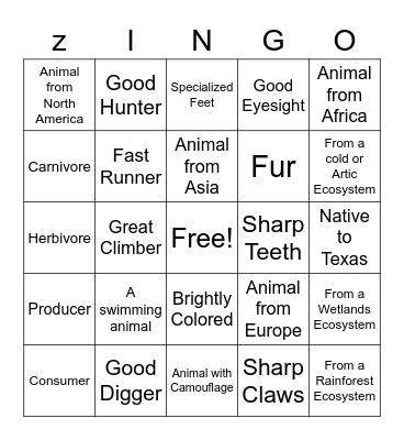 ZINGO:  Zoo Bingo Card
