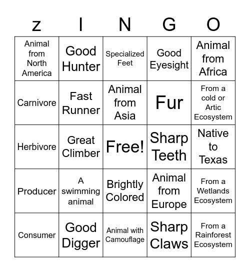 ZINGO:  Zoo Bingo Card