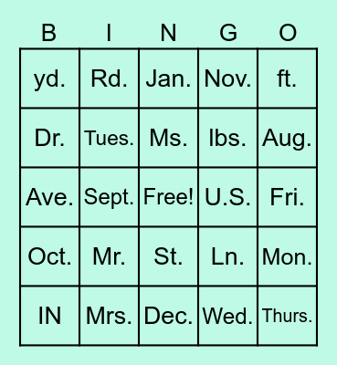 Abbreviations Bingo Card