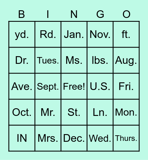 Abbreviations Bingo Card