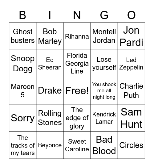 Name that Tune Bingo Card