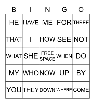 SIGHT WORD BINGO Card