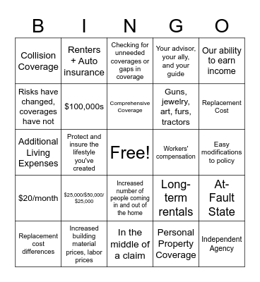 Insurance Bingo Card