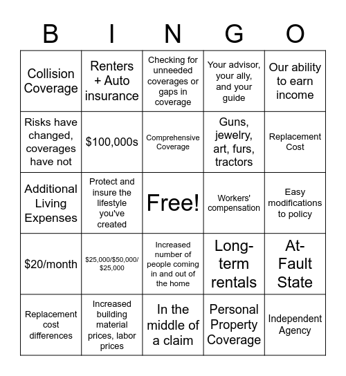 Insurance Bingo Card