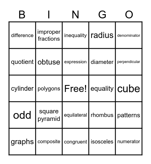 Math Vocabulary Bingo Card