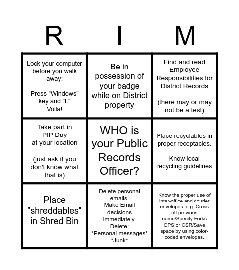 *Crew and Field Bingo*  Records Information Management Bingo Card