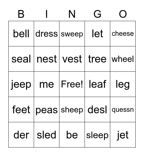 Word Sort #5 Bingo Card